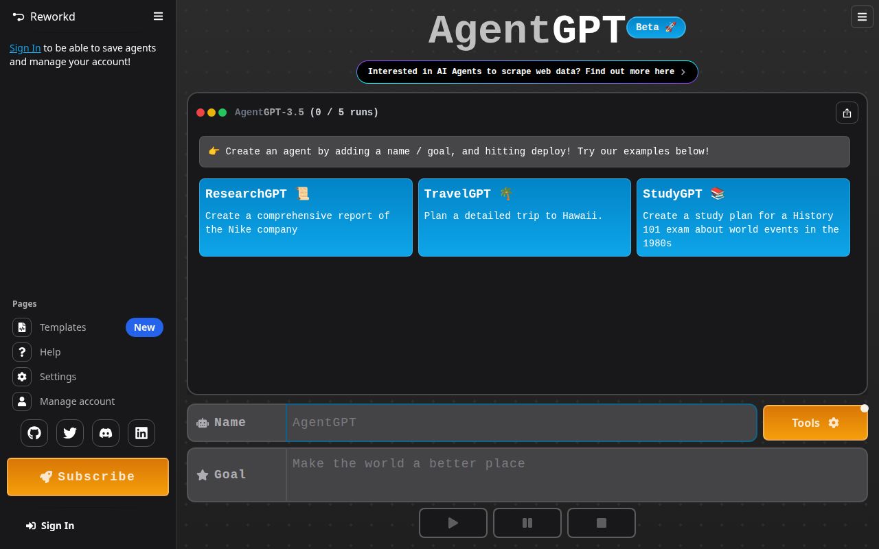 Skärmbild av AgentGPT