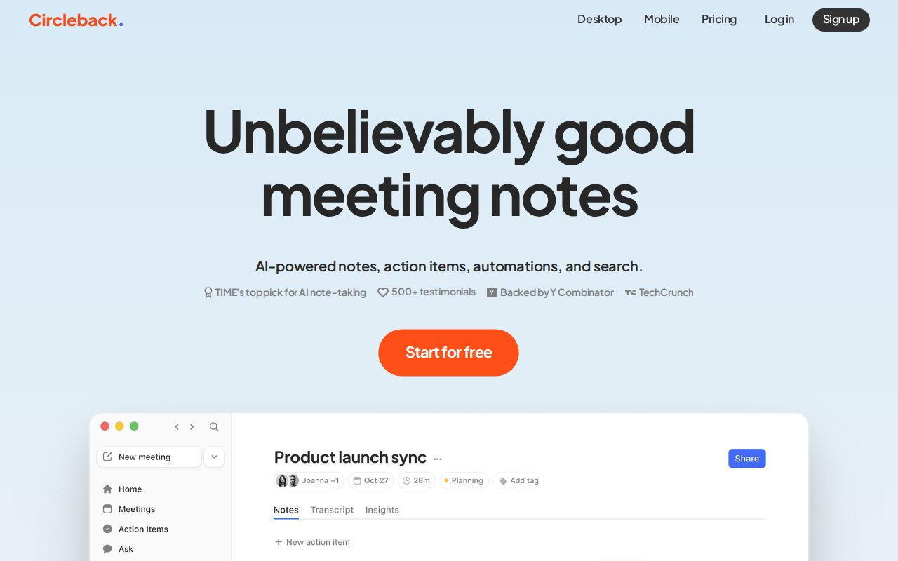 Skärmbild av Circleback
