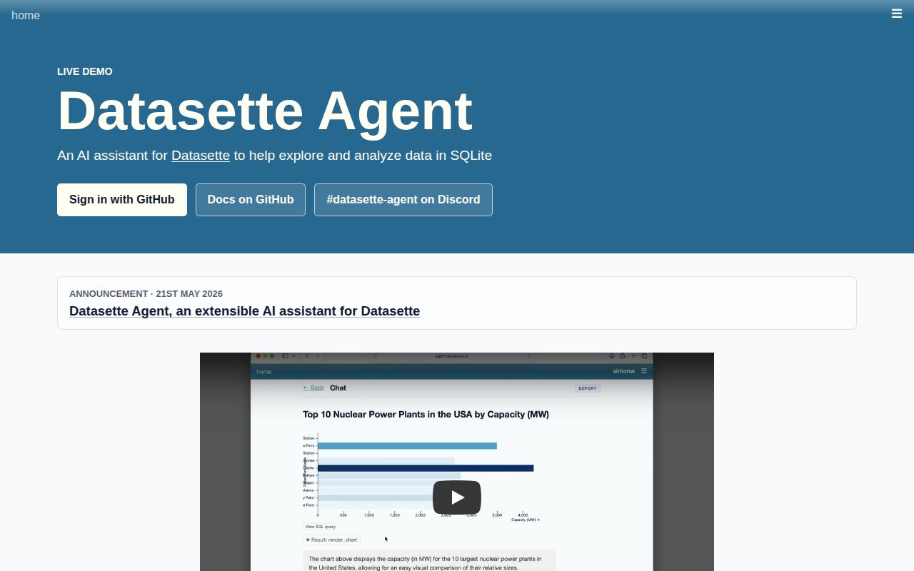 Skärmbild av Datasette Agent