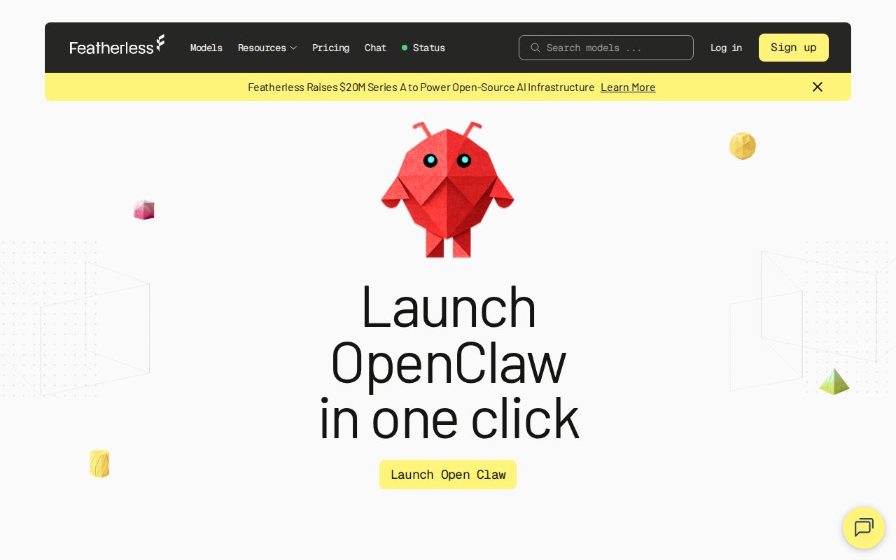 Skärmbild av Featherless Managed OpenClaw