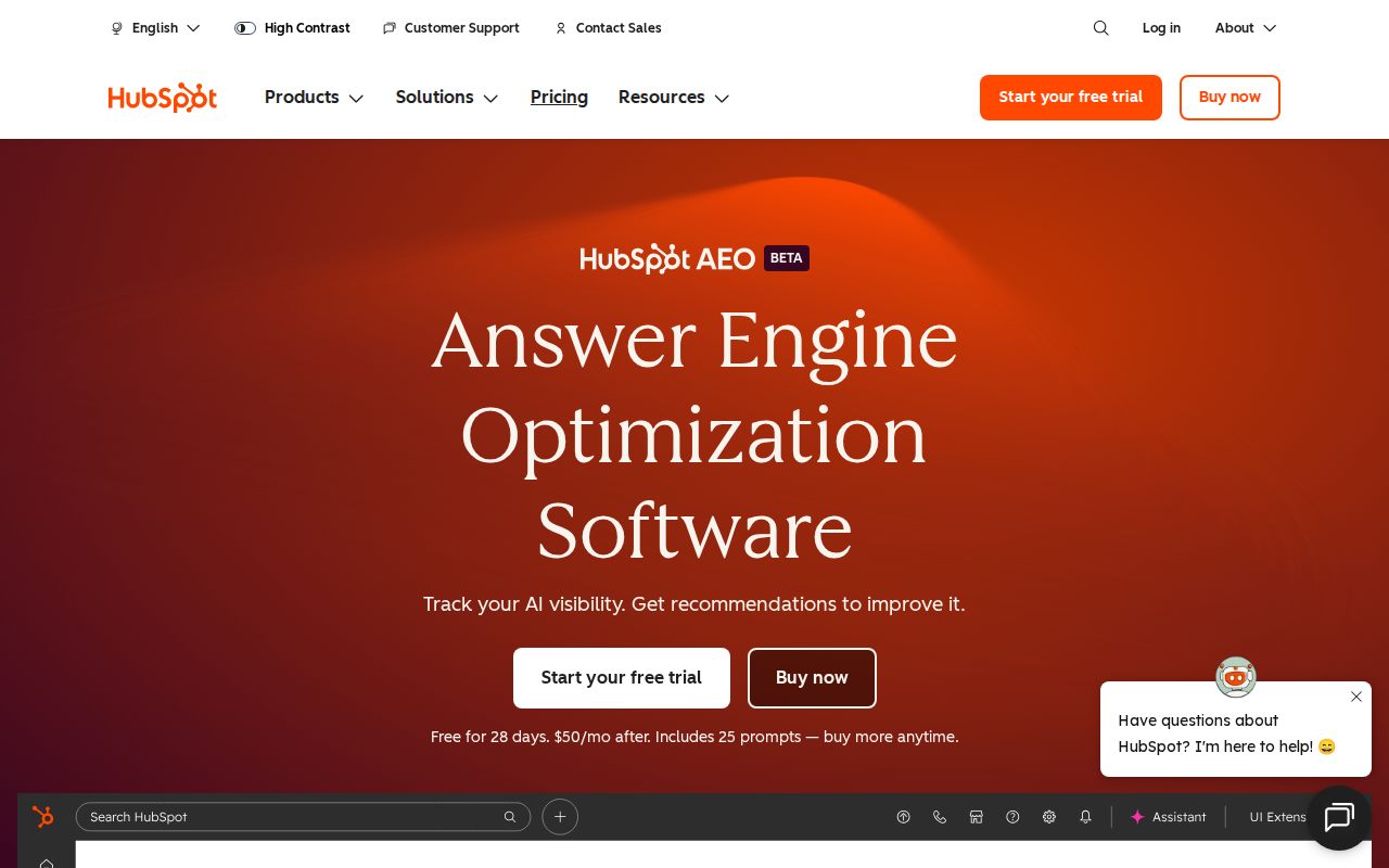 Skärmbild av HubSpot AEO