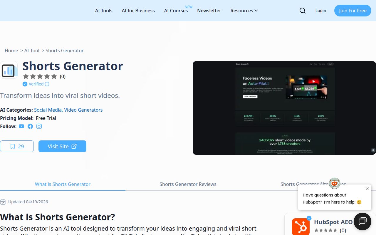 Skärmbild av Shorts Generator AI